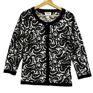 Talbots Women's 100% Merino Wool Cardigan Black White Paisley Print Size L